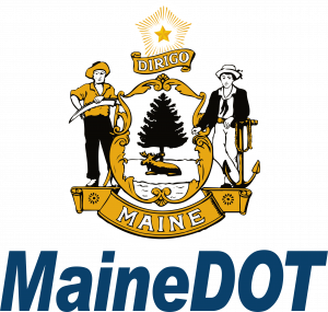 The maine state crest with the words MaineDOT beneath in italics